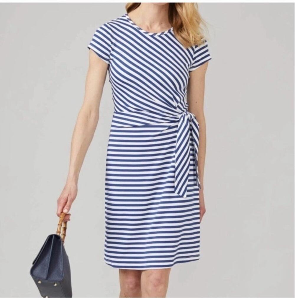 J. McLaughlin Elora Blue Stripe Tie Waist Short Sleeve Dress Small